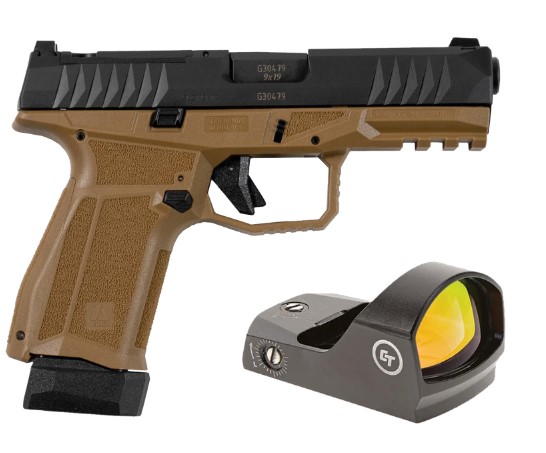 AREX DELTA M OR 9MM  1X15RD MAG 1X 15+2 MAG  SERIALIZED TRIGGER ASSEMBLY  INTERCHANGEABLE FRAME AND BACKSTRAPS  AMBI MAGAZINE RELEASE AND SLIDE RELEASE  5X OPTICS PLATES  FDE  WITH CRIMSON TRACE RED DOT - Taurus Savings